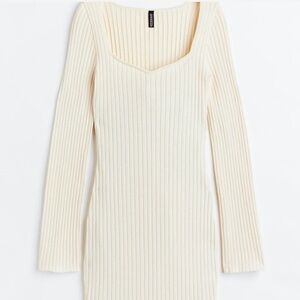 H&M Off-White Ribbed Knit Long Sleeve Dress